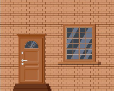 Vector ahşap merdiven ve pencereli ön kapı.