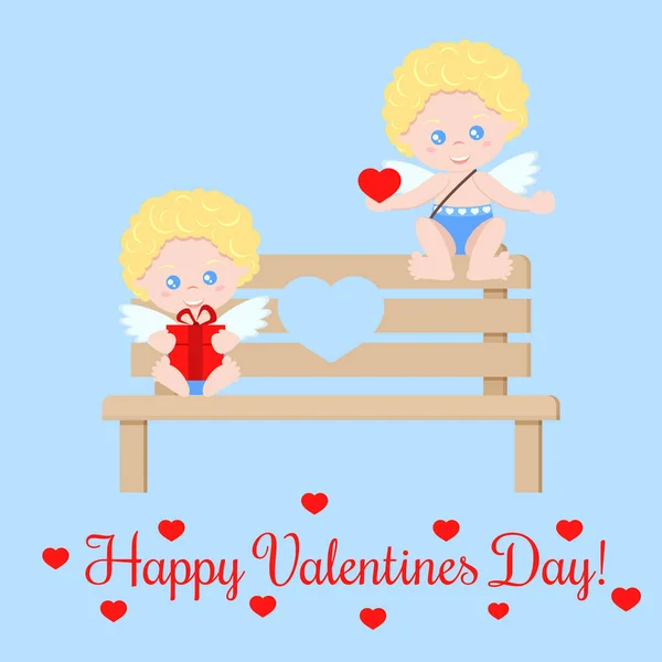 Üdvözlőlap aranyos elszigetelt romantikus pár cupids egy szív és egy ajándék — Stock Vector