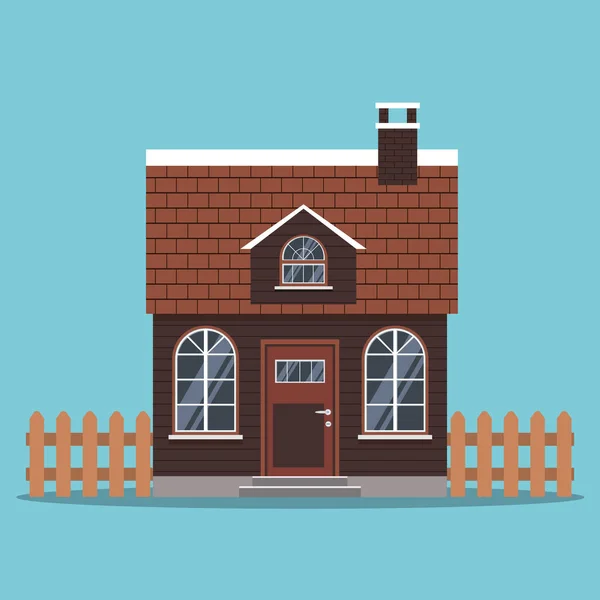 Icono aislado de casa de campo con un techo de baldosas y chimenea, vallas en estilo plano de dibujos animados . — Vector de stock