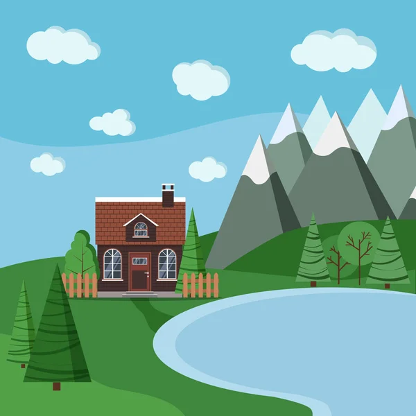 Summer or spring lake landscape scene with country brick farm house — Stockvektor