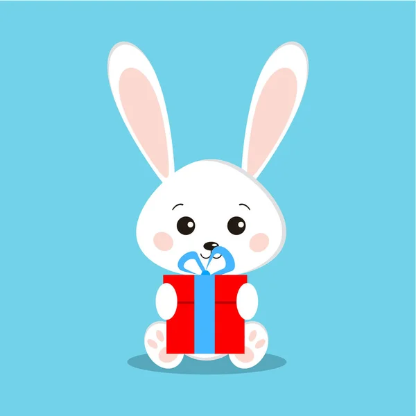 Ізольовані милий і солодкий білий кролик кроликів у сидячій позі з подарунком — стоковий вектор