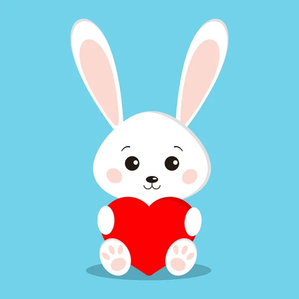 귀엽고 귀여운 흰 토끼 토끼가 빨간 하트를 쓰고 앉아 포즈를 취하는 모습 — 스톡 벡터