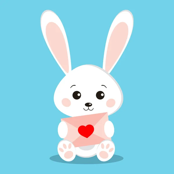 Isolerad söt söt vit kanin kanin i sittande pose med rosa bokstav — Stock vektor