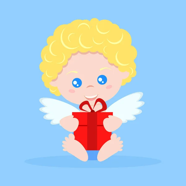 Niño Cupido lindo aislado en estilo plano de dibujos animados en pose sentada con regalo rojo . — Vector de stock