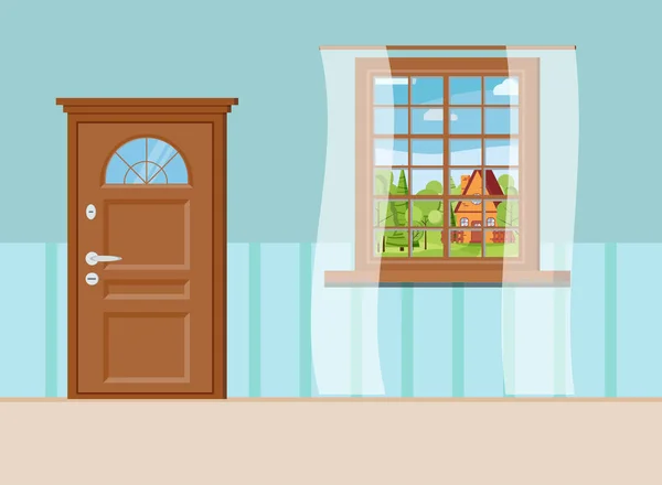 Puerta marrón madera con vista al paisaje urbano del parque. Afuera