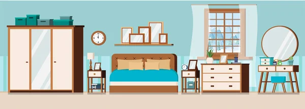 Acogedor dormitorio fondo interior con muebles y ventana . — Vector de stock