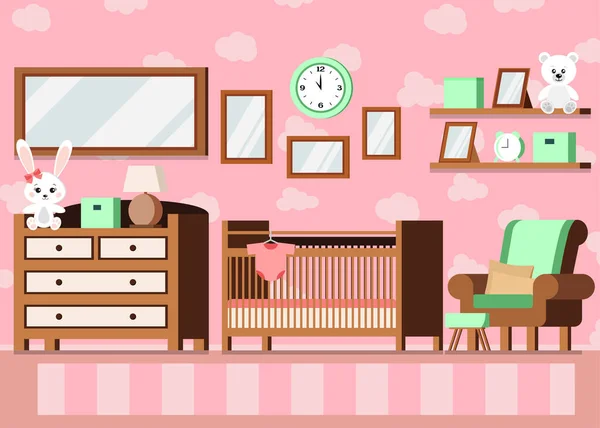 Acogedora chica s bebé habitación interior rosa color fondo Vector escena interior ilustración . — Vector de stock