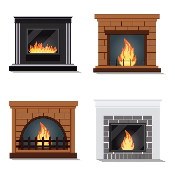 Vector set of isolated icons of cozy fireburning fireplace. — Stock Vector