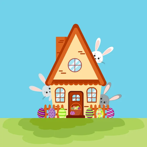 Щасливий великодній будинок листівка з трьома кроликами, які виглядають з будинку . — стоковий вектор