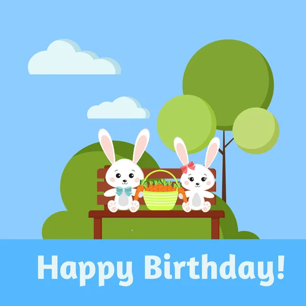 З днем народження вітальна листівка з хлопчиком та дівчинкою солодкими кроликами . — стоковий вектор