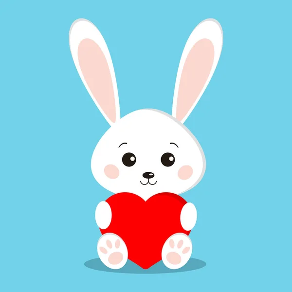 Isolated cute and sweet white bunny rabbit in sitting pose with red heart — Stock Vector