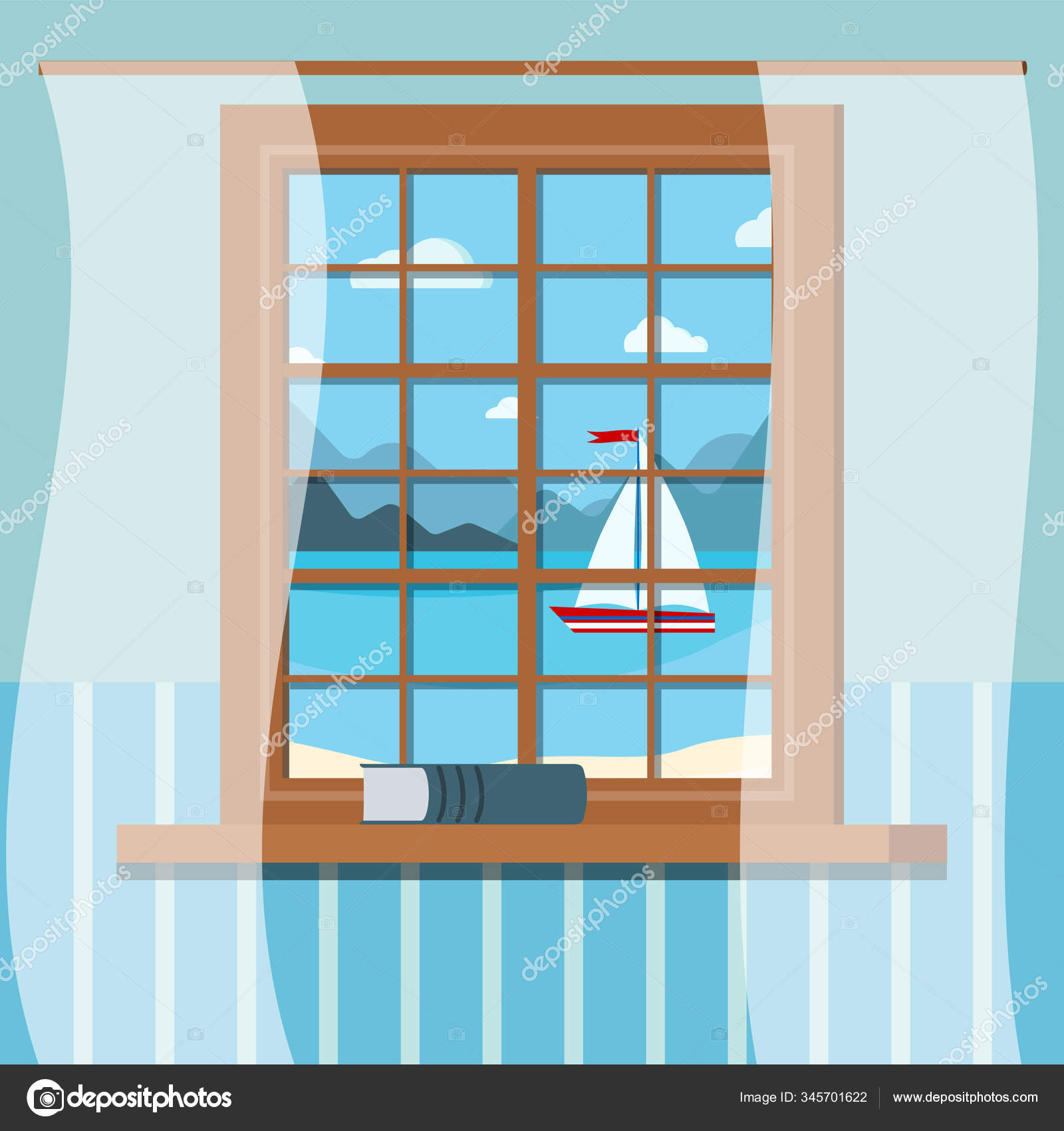 Wooden Room Window Frame With Book And Curtains In Cartoon Flat Style Vector Image By C Baldezh Vector Stock