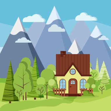 Bahar ya da yaz dağları kırsal çiftlik evleri, çitler, bacalar.