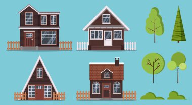 İki katlı, çerçeveli, kiremitli çatı ve bacalı, iki katlı ıssız ahşap çiftlik evleri.