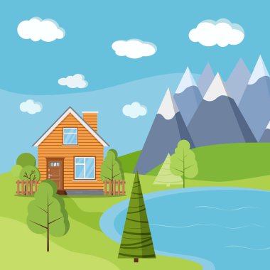 Göl ve dağ manzaralı ahşap kırsal çiftlik evi ve baca..