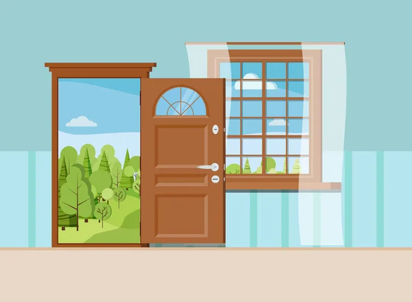 Puerta de entrada abierta de madera y ventana con hermosa vista de verano . — Archivo Imágenes Vectoriales