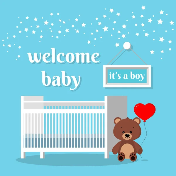 Chambre bébé avec lit blanc, signe, étoiles, ours en peluche brun avec ballon rouge et mots . — Image vectorielle