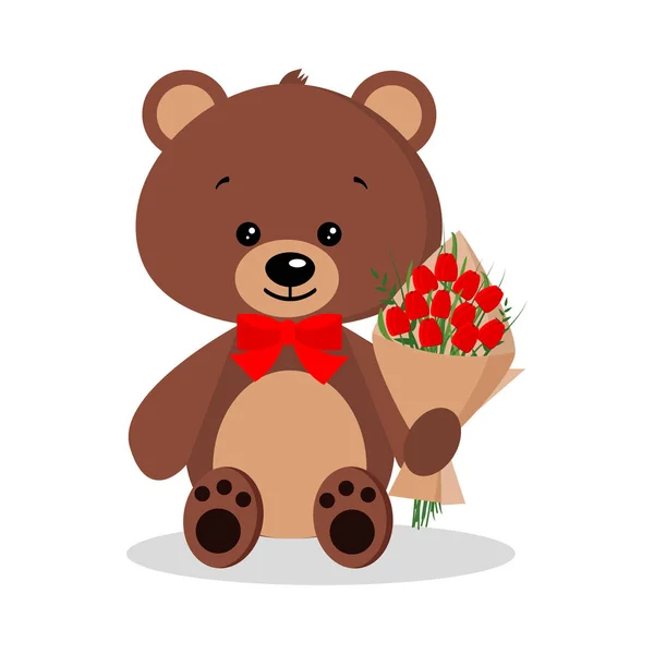 Isolated cartoon cute funny elegant romantic brown bear in bow tie with bouquet . — 스톡 벡터