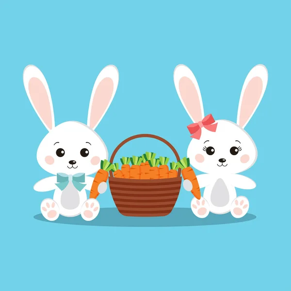 귀엽고 귀여운 흰 토끼 토끼 소년 과 당근을 든 소녀 — 스톡 벡터