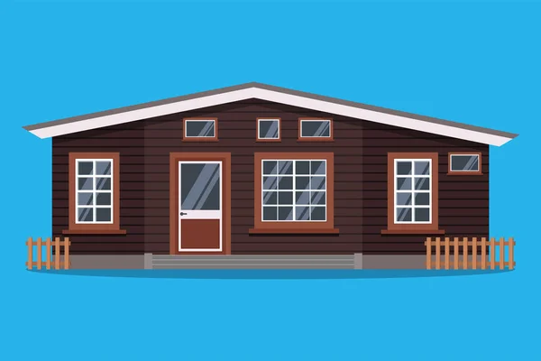 Abgelegenes skandinavisches Landhaus aus Holz mit Zäunen im flachen Cartoon-Stil. — Stockvektor