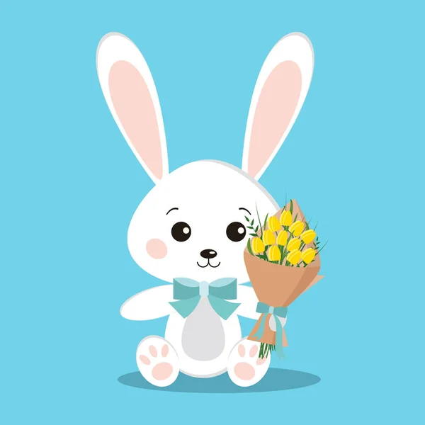 Isolated cute romantic elegant white bunny rabbit in sitting pose with blue bow tie and bouquet. — Stock Vector