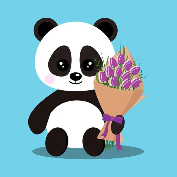 Aislado romántico dulce lindo bebé oso panda en pose sentada con ramo . — Vector de stock