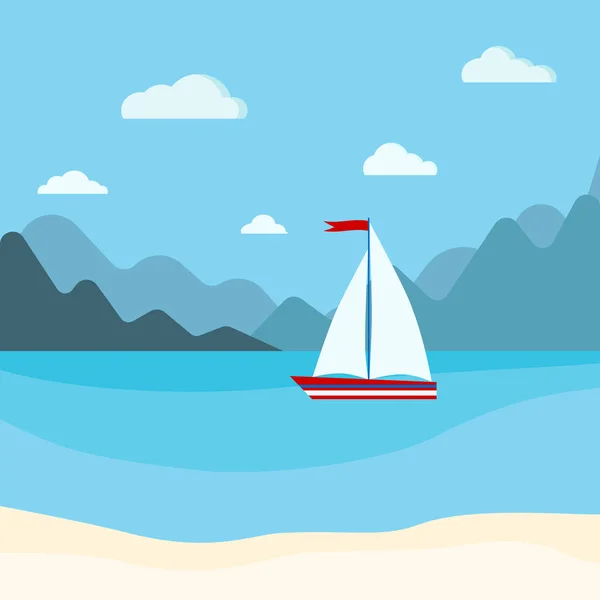 Vector plano de dibujos animados estilo ilustración de mar azul con velero, montañas, nubes y playa de arena . — Archivo Imágenes Vectoriales