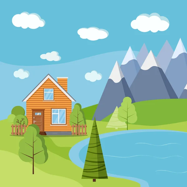 Lago e montagne scenario paesaggistico con casale rurale in legno con camino . — Vettoriale Stock