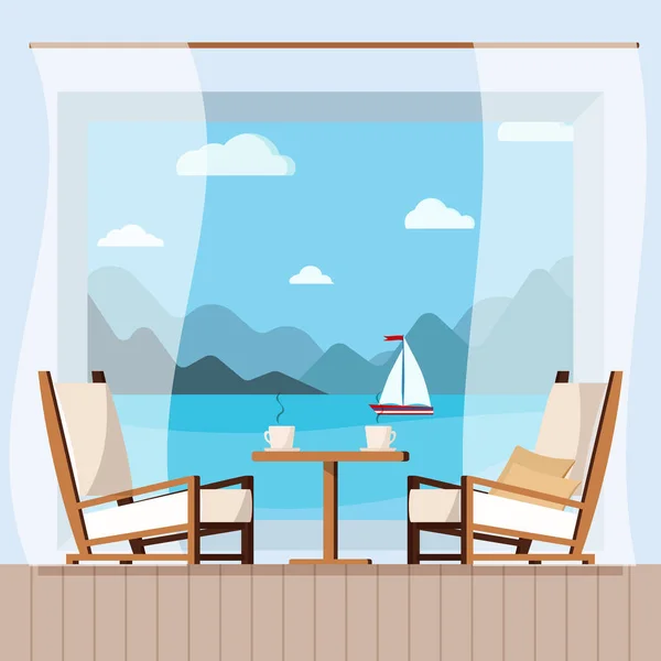 Wooden table, cups of tea or coffee, curtain and chairs on the balcony with seascape. — Stock Vector