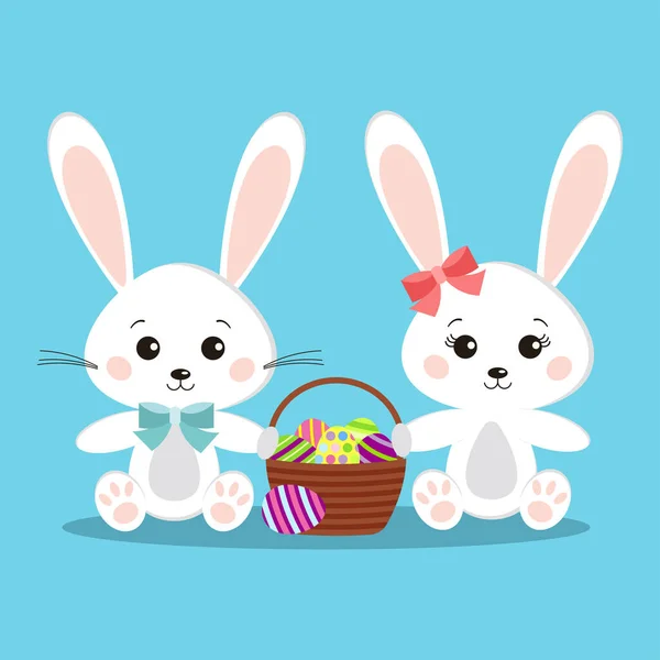 Douce et mignonne paire de lapins blancs garçon et fille en pose assise avec panier . — Image vectorielle