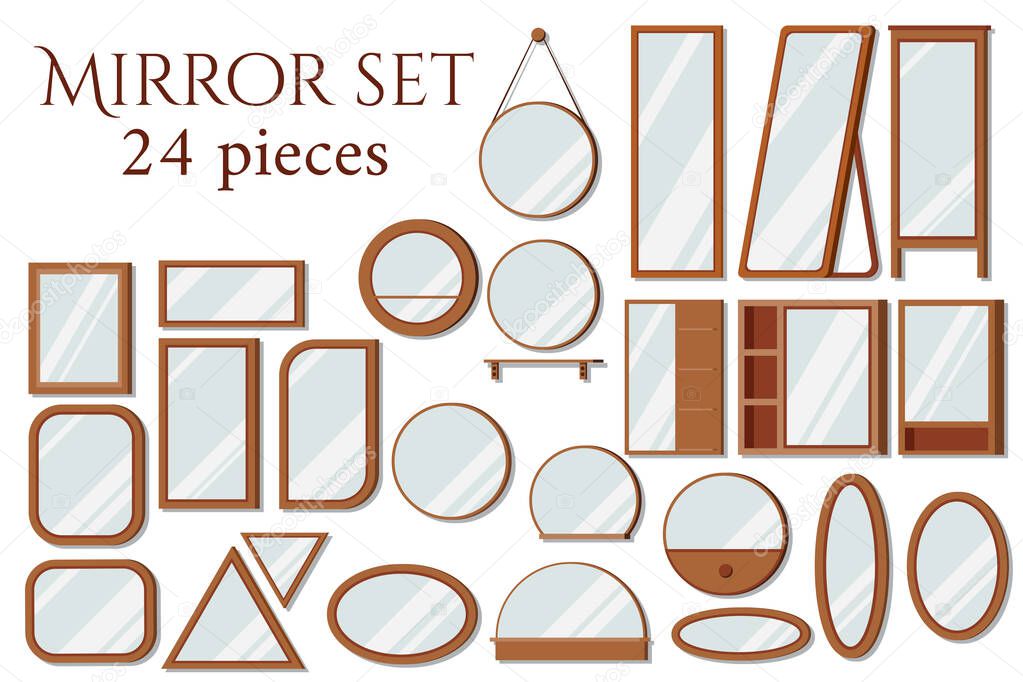 Set of vector wooden frames mirrors of various shapes round, square, oval, rectangular, floor.