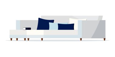 Beyaz arka planda izole edilmiş kitap ve yastıklara sahip açık gri ve mavi renkli yumuşak kanepe ikonu. Mobilya vektör çizimi düz çizgi film tarzında. İç grafik tasarım elementleri.