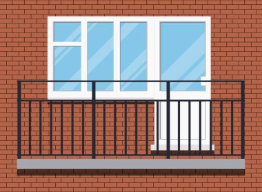 Kapalı beyaz plastik pvc. Siyah metal balkon parmaklıklı balkon, ön görüş. Kırmızı kahverengi tuğlalı arka planda izole edilmiş. Çizgi film tarzı düz tasarım. Vektör oluşturma dış illüstrasyon.