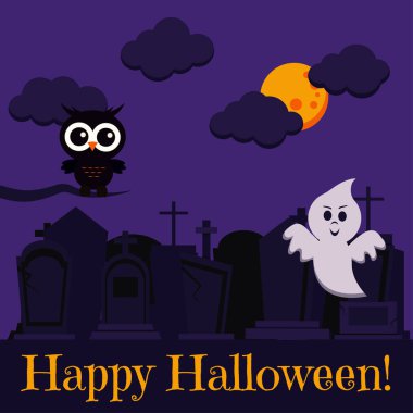 Kuru dalda iki sevimli baykuşun olduğu Cadılar Bayramı tebrik kartınız kutlu olsun. Mezarlığın yakınında uçan hayaletler, karanlık gece arka planında ay ve bulutlar. Vektör çizgi film düz stil tatil illüstrasyonu.