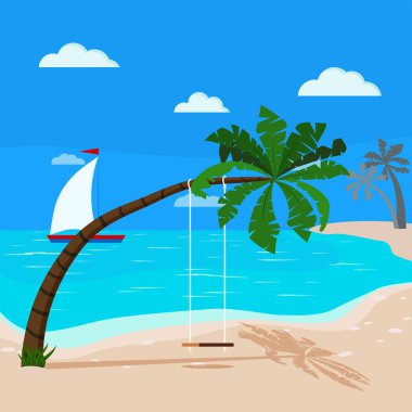 Panoramic tropical seascape with blue ocean and coconut palm, swing on palm tree, sailboat. Beautiful sea beach coastline, landscape sea shore in flat cartoon style. Vector background illustration. clipart