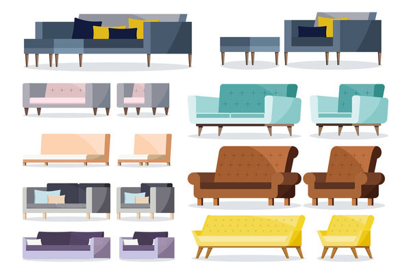 Colored different shape soft and leather sofa and armchairs with cushion icon set. Collection of sofa vector illustration in flat cartoon style. Interior design elements isolated on white background.