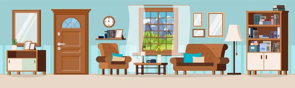 家具付きの居心地の良いホールリビングルーム 閉じたドア 夏の山の風景の窓の景色 ソファ アームチェア クロック ミラー コーヒーテーブル ランプ 食器棚 — ストックベクタ