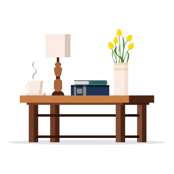 Lambalı Ahşap Kahve Masası Laleli Vazo Kitap Çay Beyaz Arka — Stok Vektör