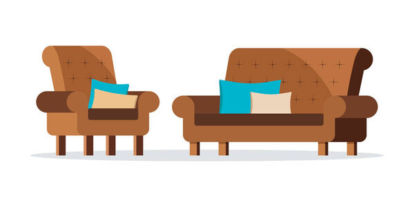 Isolated icons of brown color leather soft sofa and armchair set isolated on white background with decorative cushions. Collection home cabinet furniture. Vector illustration. Flat cartoon design.