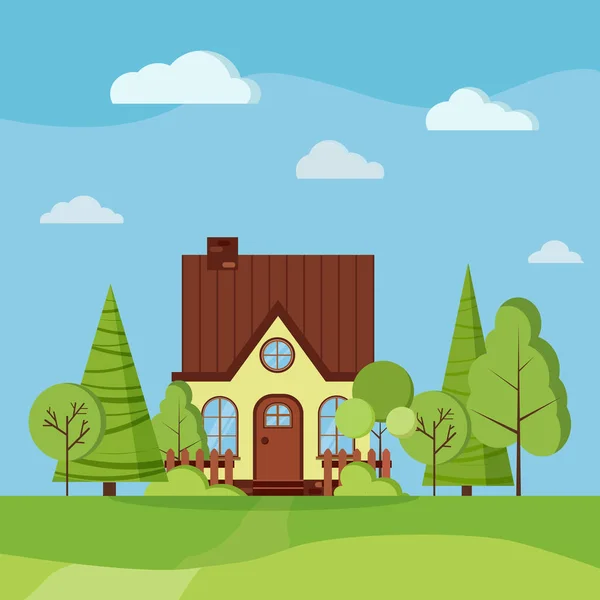 Verano Primavera Paisaje Verde Escena Naturaleza Con Casa Rural Amarilla — Vector de stock