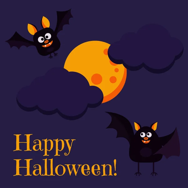 Feliz Tarjeta Felicitación Halloween Con Dos Lindos Personajes Murciélagos Negros — Vector de stock