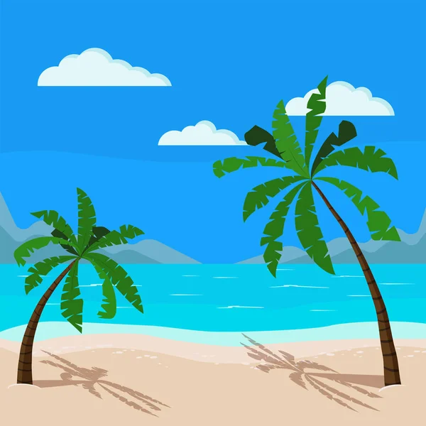 Schöne Meereslandschaft Blauer Ozean Sandküste Palmen Berge Wolken Vektor Illustration — Stockvektor
