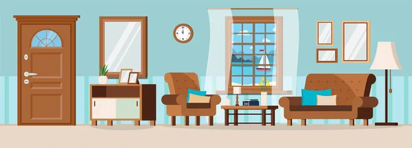 家具付きの居心地の良いリビングルーム 閉じたドア 夏の海の窓の景色と帆船 ソファ アームチェア ウォールクロック ミラー コーヒーテーブル ランプ フラット漫画スタイルのベクトルイラスト — ストックベクタ