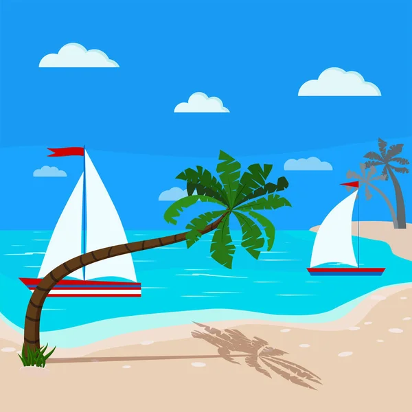 Flat Cartoon Style Seascape Two Sailboats Clouds Blue Sky Sand — Stock Vector