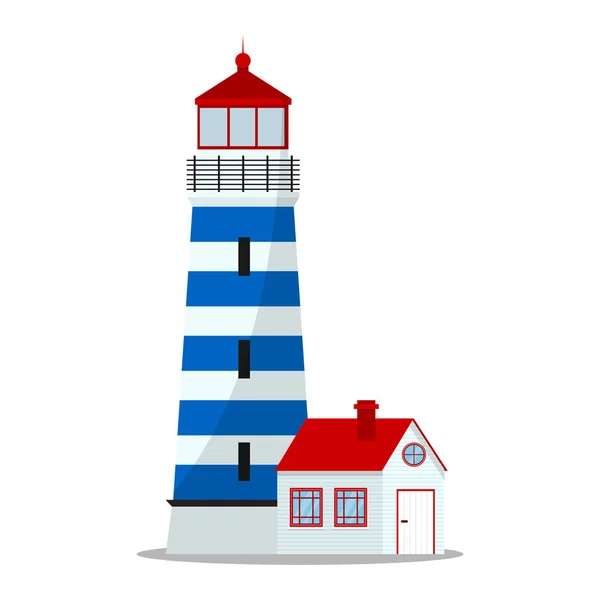 白い背景に影で隔離されたベクトル青と赤の灯台のイラスト ロゴやラベル フラット漫画風海洋コンセプト — ストックベクタ