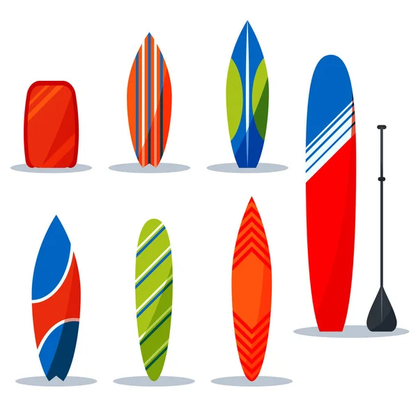 Set Tablas Surf Estilo Plano Aisladas Sobre Fondo Blanco Bodyboard — Vector de stock