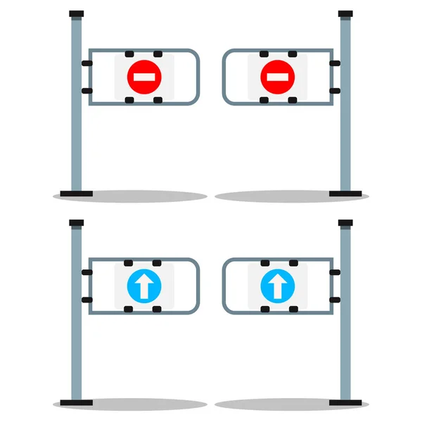 Conjunto Ilustración Vectorial Puerta Entrada Tienda Con Flecha Blanca Azul — Vector de stock