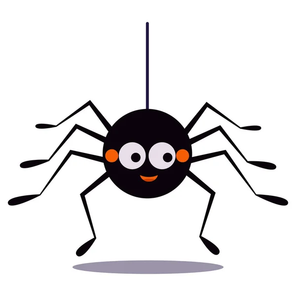 白い背景に孤立したクモのアイコンの文字列にかかってかわいい笑顔の黒いクモ ハロウィンパーティーを祝うためのデザインの要素のための動物の文字 フラットデザインベクトルイラスト — ストックベクタ