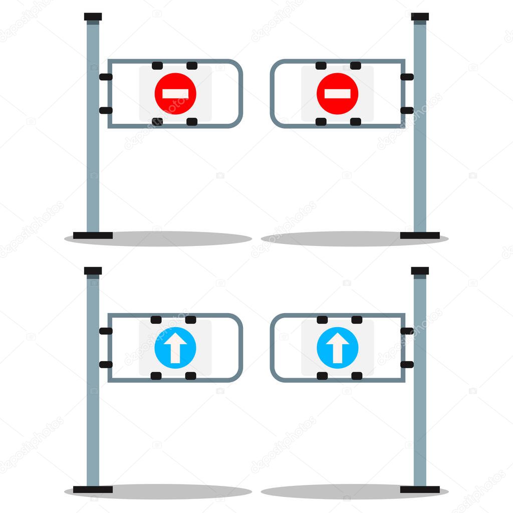 Vector illustration set of shop entrance gate with white arrow on blue round and red stop sign isolated on white background. Turnstile. Go and stop barrier for supermarket shop in cartoon flat style.
