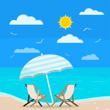 Yaz tatili deniz manzarasının vektör çizimi iki ahşap plaj şezlongunda kıyı şeridi üzerinde mavi plaj şemsiyesi, güneş, bulutlar ve görüntüde deniz martıları. Düz tasarım karikatür tarzı deniz manzarası arkaplanı.